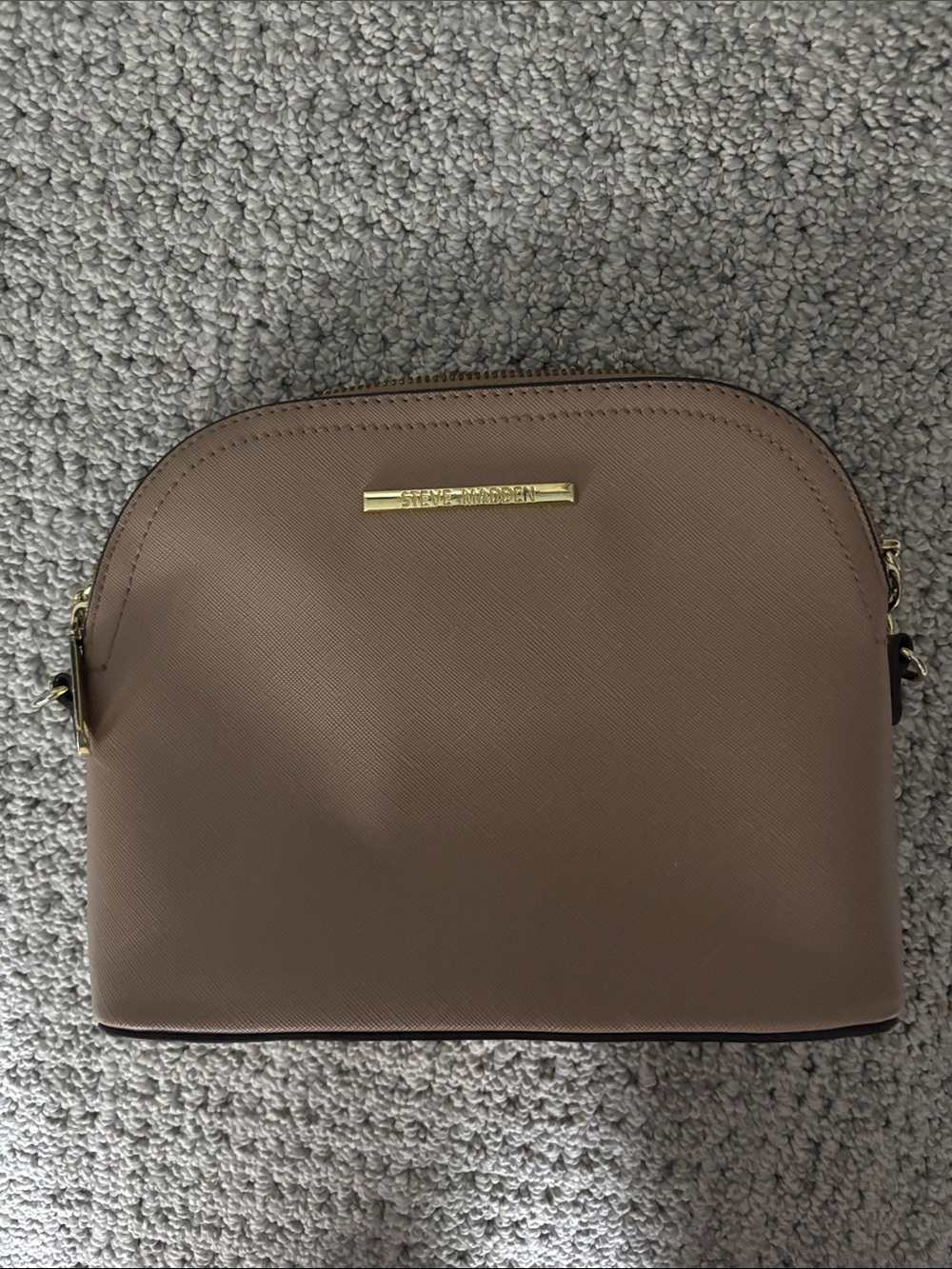 Steve Madden Saffiano Dome Crossbody in Taupe with Gold Plaque